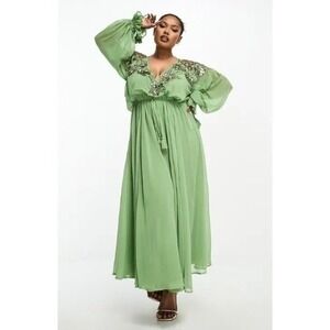 ASOS DESIGN Curve Sage Green Sequin Embellished Lattice Shoulder Midi Dress 16